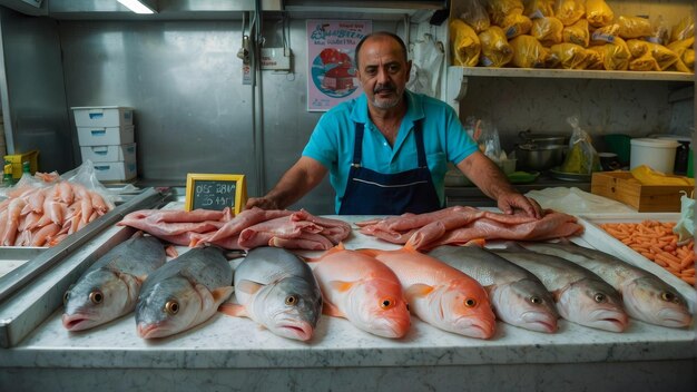 Fishmonger preparing seafood behind a glass counter at a market