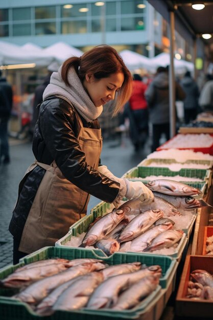 Foto pescivendolo che vende pesce