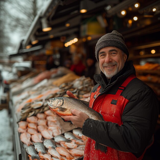 Photo fishmonger with fresh catch fish market healthy seafood concept for design and lifestyle