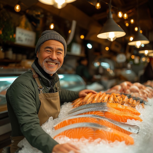 Photo fishmonger with fresh catch fish market healthy seafood concept for design and lifestyle