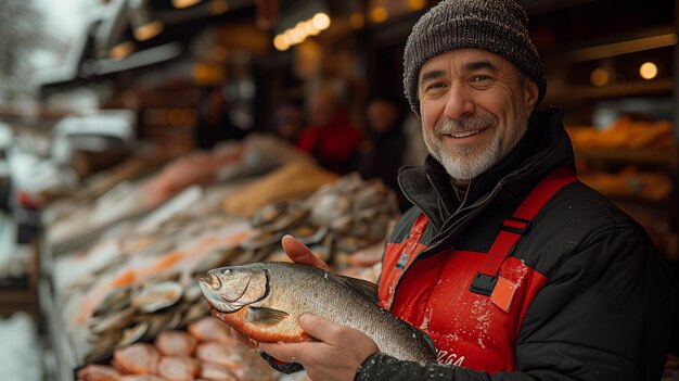 Fishmonger with fresh catch fish market Healthy seafood concept for design and lifestyle