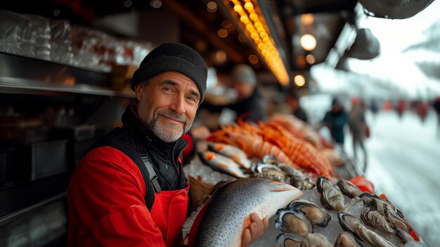 写真 新鮮な釣り魚の市場を持つ魚屋 デザインとライフスタイルのための健康的な海産物コンセプト