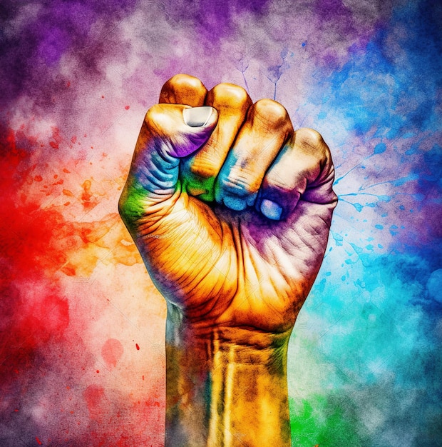 LGBT コミュニティの戦いに憤り、虹色の旗で染まった拳