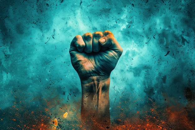 Photo fist of a man in the fire on a blue background