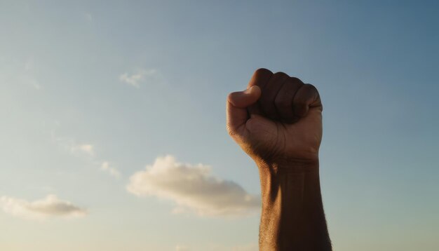 Fist raised up against the background of the sunset sky A sign of disagreement struggle and rights