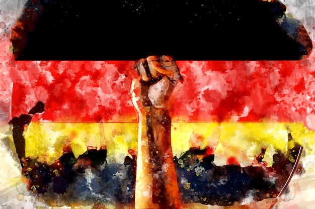 Fist raised up Germany flag background Watercolor Sign of protest a fight for rights and freedom a rally a conflict disorder in the streets