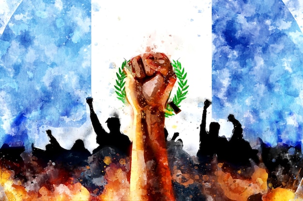拳はグアテマラの旗の背景を上げました水彩画のサインは、権利と自由のための戦いに抗議し、路上での紛争障害を結集します