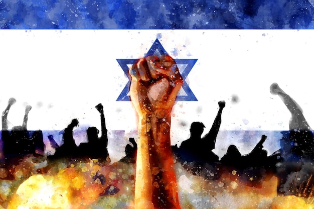 拳はイスラエルの旗の背景を上げました水彩画のサインは、権利と自由のための戦いに抗議し、路上での紛争の混乱を結集します