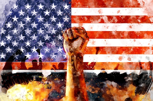 Fist raised up USA flag background Watercolor Sign of protest a fight for rights and freedom a rally a conflict disorder in the streets