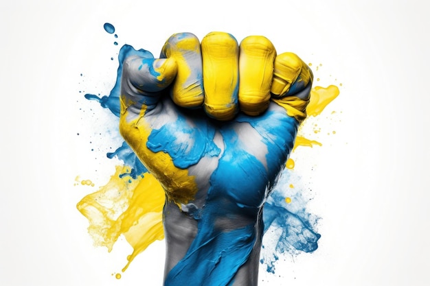 Fist on a white background painted in yellow and blue paint in the color of the flag of ukraine ai