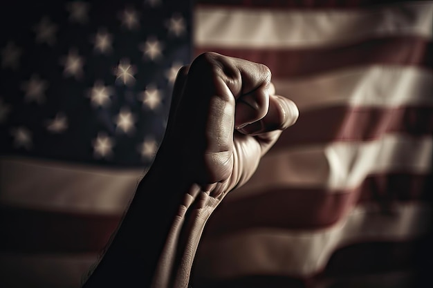 A fist with the american flag behind it