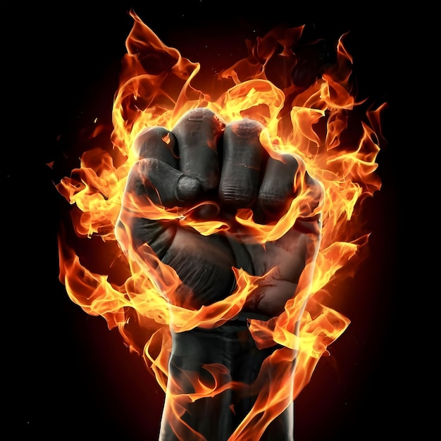 a fist with a clenched fist in the middle of flames