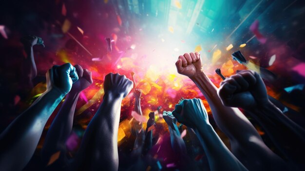 Fists in the air on colorful background