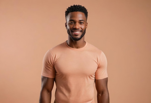 Photo fit adult male posing casually in a fitted shirt warm backdrop his stance exudes casual style and