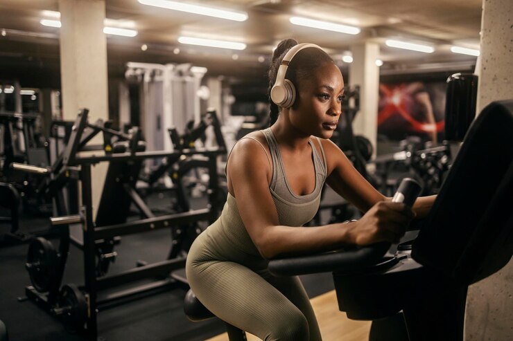 Photo a fit black sportswoman with headphones practicing on bicycle at gym