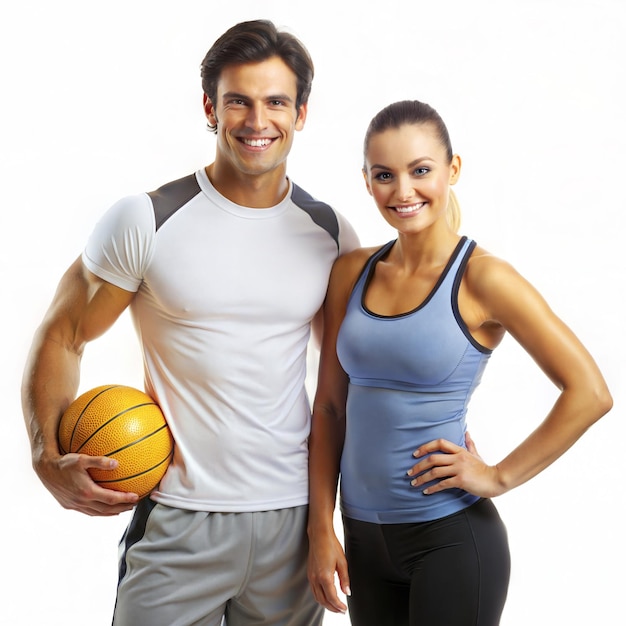 Фит пара улыбается с баскетболом в спортивной одежде