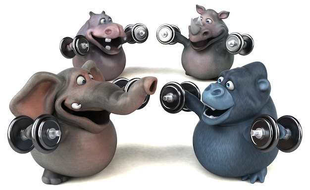 Fit ippopotamo, rinoceronte, elefante e gorilla - 3d illustration