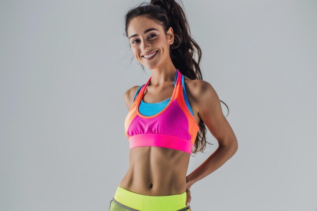 fit jonge glimlachende vrouw poseert in kleur fitness kleding