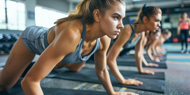 Foto fit jonge mensen die pushups doen in een sportschool en geconcentreerd lijken