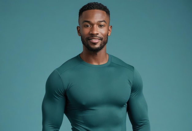 A fit male athlete in a green sports shirt stands against a teal background his posture and attire