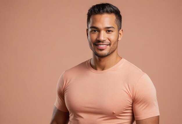 A fit man in a peachcolored tshirt with a friendly demeanor and a confident stance