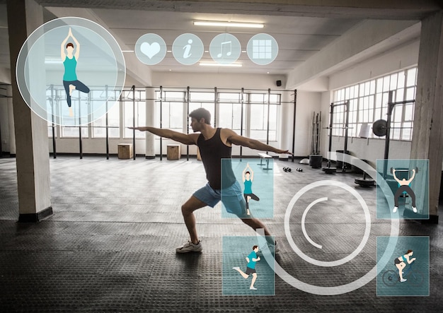 Photo fit man performing stretching exercise in gym against fitness interface in background