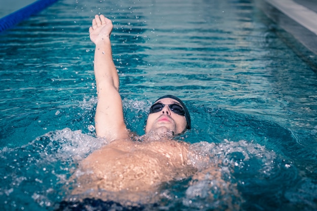 Fit man swimming on the back in the pool