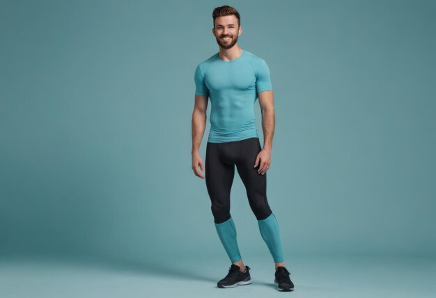 A fit man in workout clothes stands ready to exercise with a vibrant teal background
