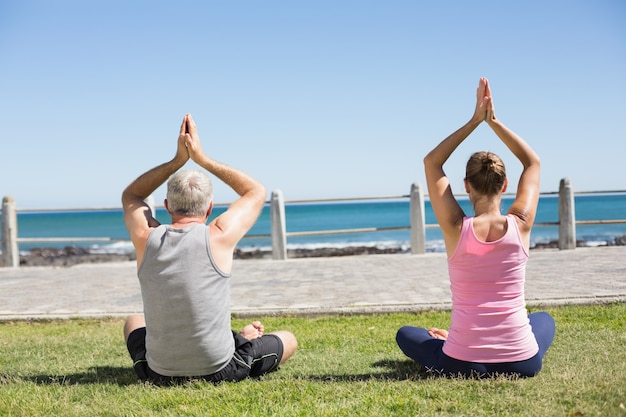 Fit mature couple sitting in lotus pose on the grass