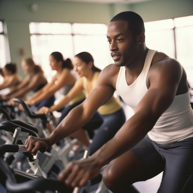 Fit mensen die trainen bij spinningles in de sportschool fietsen op de sportschool cardio training oefenen