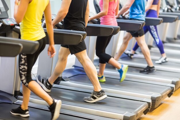 Fit people walking on treadmills