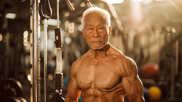 fit senior asian man showing his muscle in the gym senior bodybuilder