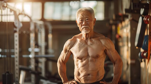 fit senior Aziatische man die zijn spieren toont in de sportschool senior bodybuilder