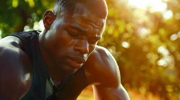 Photo fit sporty young african man wearing black sportswear relaxing after workout in urba generative ai