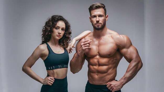 Fit strong man and a woman posing on white