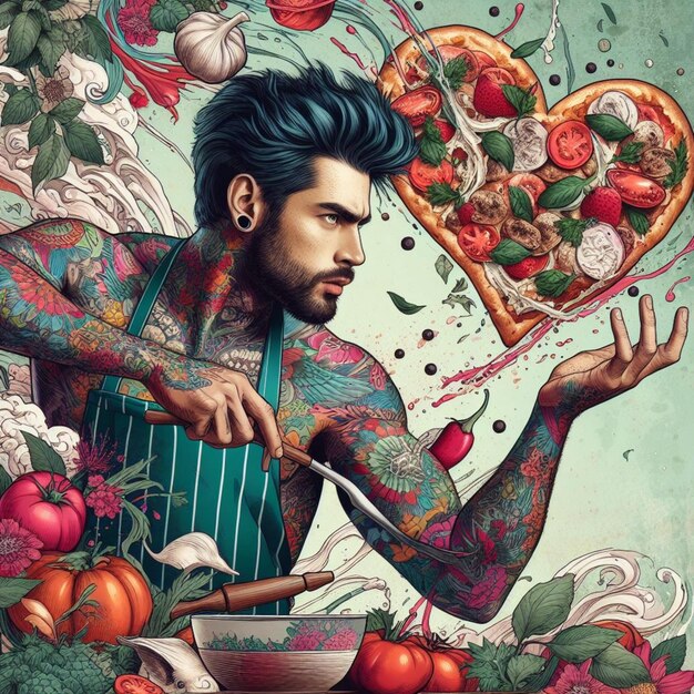 Photo fit tattooed male chef wear apron cook dance fish seafood veggies in kitchen ingredients fly