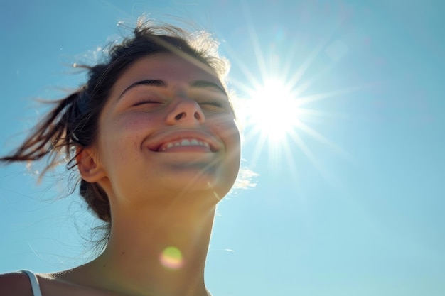 Foto donna in forma che respira profondamente davanti al cielo blu