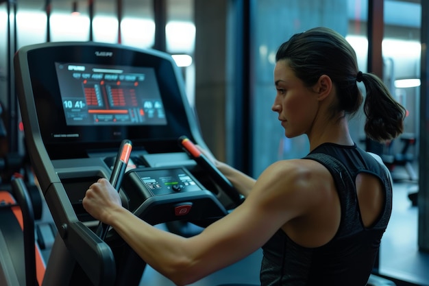 Photo fit woman engaging in hightech workout on advanced gym equipment