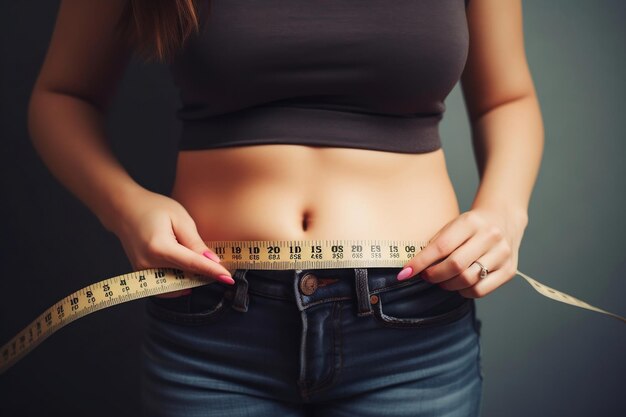 A fit woman measures her waist size after weight loss Generative Ai