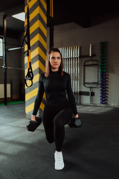 Fit woman performing lunges with dumbbell in gym