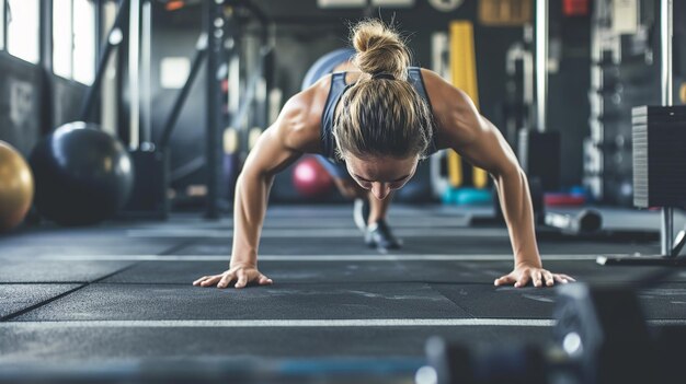 Fit woman performing push ups with determination