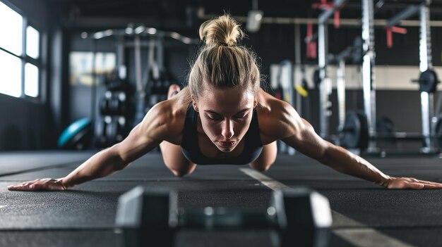 Photo fit woman performing push ups with determination