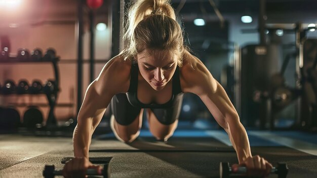 Fit woman performing push ups with determination