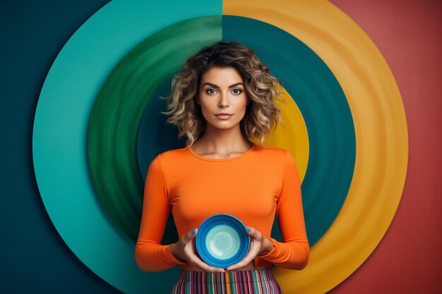 Photo fit woman practicing mindful eating with a colorful plate balanced diet