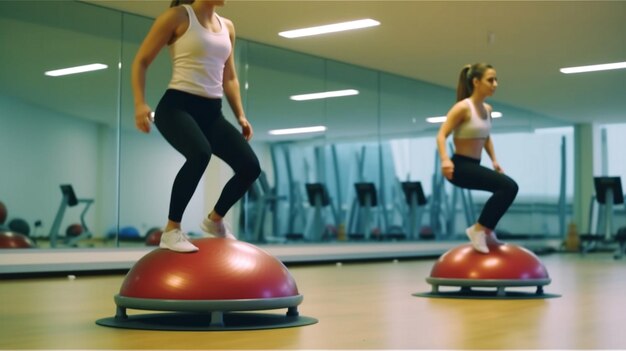 Fit women practicing balance exercises on Bosu balls