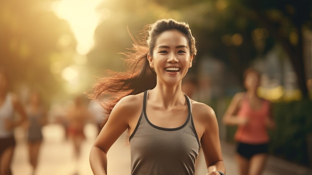 Fit young Asian woman jogging in park smiling happy running and enjoying a healthy generated by AI