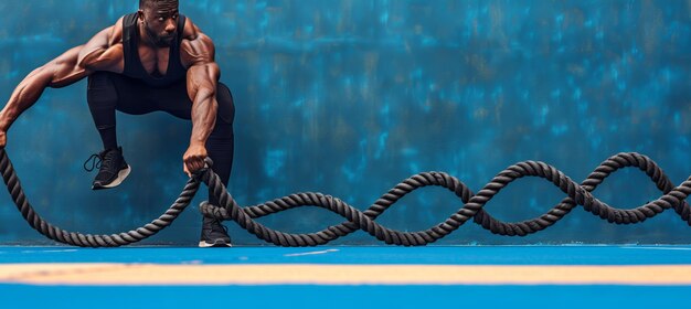 Photo fit young man energetically exercising with battle rope at the gym leaving space for text