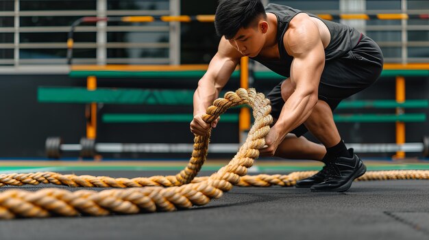 Photo fit young man working out with battle rope at gym copy space available for text placement