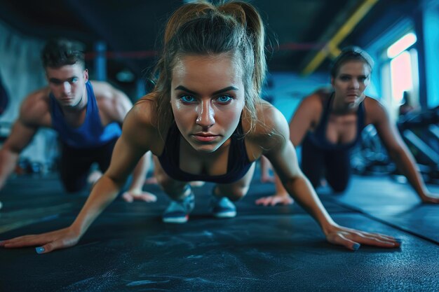 Fit young people doing pushups in a gym looking focused