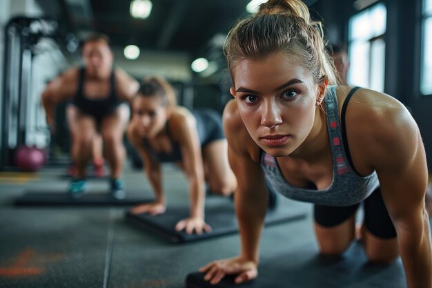 Fit young people doing pushups in a gym looking focused